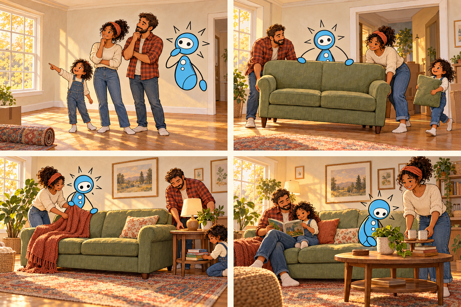 Panel 1: A fictional family and Sōl imagine possibilities in an empty room.