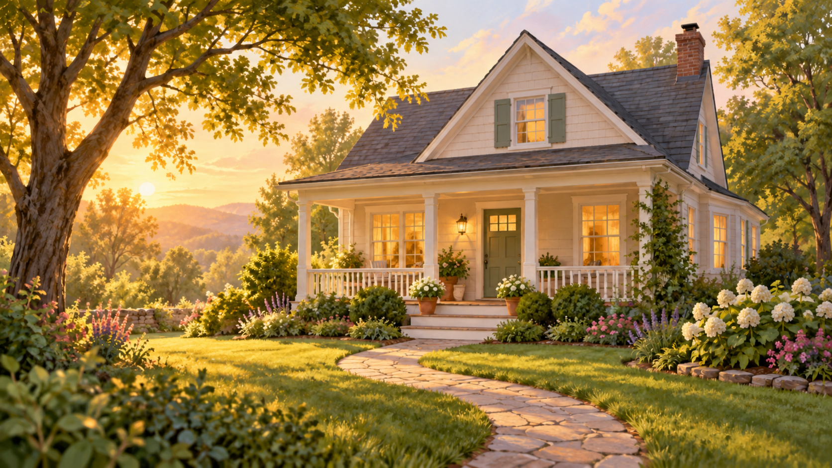 Illustration of a welcoming fictional house with a sunny porch and a garden path